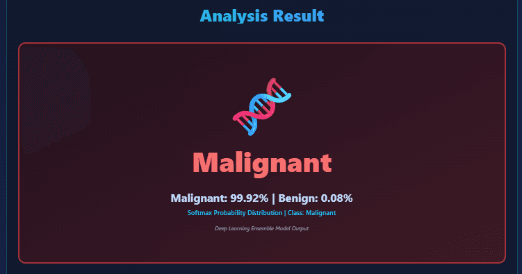 Probabilistic benign / malignant classification screen in the DeepCancer research prototype; the result is not a clinical diagnosis.