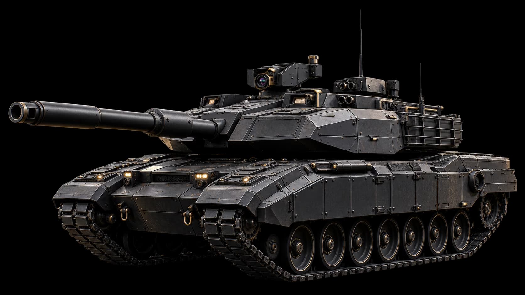 A graphite-toned tank defined by rim lighting against a dark studio background.