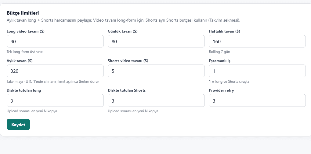 Configuration panel for long-form, Shorts, daily, weekly, and monthly API budgets together with concurrency and retry limits.