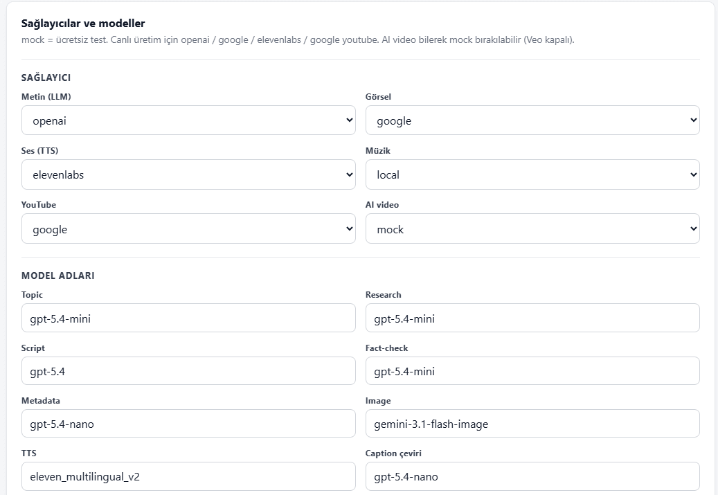 Provider configuration screen for text, image, voice, music, YouTube, and task-specific AI models in Autonomous AI Video Studio.